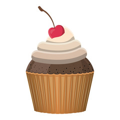 sweet cupcake dessert with cherry over white background. colorful design. vector illustration
