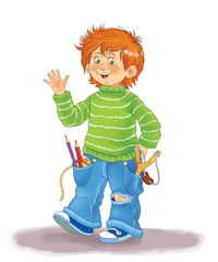 A cute boy with a slingshot, pencils and other things in his pockets. Illustration for children.