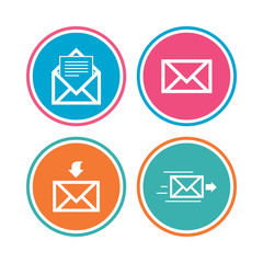 Mail envelope icons. Message document delivery symbol. Post office letter signs. Inbox and outbox message icons. Colored circle buttons. Vector
