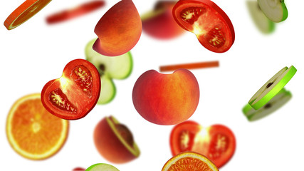 Sections of fruits falling on white background, 3d illustration