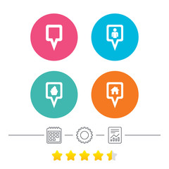 Map square pointer icons. Home, food and user location symbols. Restaurant and cupcake signs. You are here. Calendar, cogwheel and report linear icons. Star vote ranking. Vector