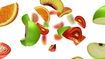Lobules of fruits falling on white background, 3d illustration