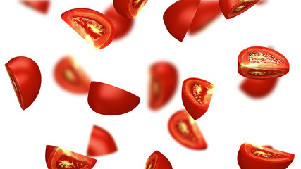 Lobules of tomato falling on white background, 3d illustration