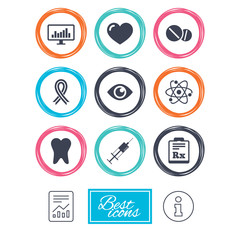 Fototapeta premium Medicine, medical health and diagnosis icons. Syringe injection, heart and pills signs. Tooth, awareness ribbon symbols. Report document, information icons. Vector