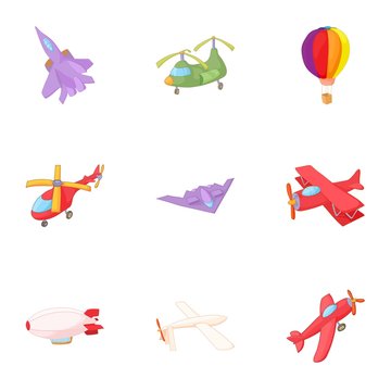 Flying device icons set. Cartoon illustration of 9 flying device vector icons for web