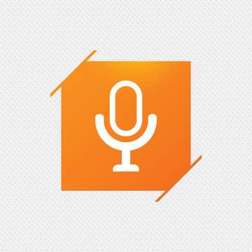 Microphone icon. Speaker symbol. Live music sign. Orange square label on pattern. Vector