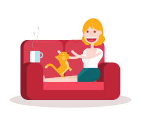 Girl Playing with her Cat on the Sofa. Isolated Flat Vector Illustration.