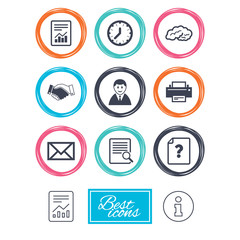 Office, documents and business icons. Deal, mail and businessman signs. Report, magnifier and brain symbols. Report document, information icons. Vector