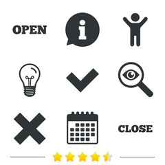 Open and Close icons. Check or Tick. Delete remove signs. Yes correct and cancel symbol. Information, light bulb and calendar icons. Investigate magnifier. Vector
