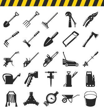 Garden tools, items, vector, icon set