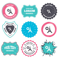 Label and badge templates. Eiffel tower icon. Paris symbol. Speech bubble with heart sign. Retro style banners, emblems. Vector