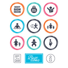 People, family icons. Swimming, baby and pregnant woman signs. Best dad, runner and fan symbols. Report document, information icons. Vector
