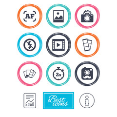 Photo, video icons. Camera, photos and frame signs. No flash, timer and strips symbols. Report document, information icons. Vector