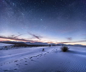 Foto auf Acrylglas Sanddünen mit Fußabdrücken in der Wüste unter Nachthimmel, New Mexico © Victoria Avvacumova