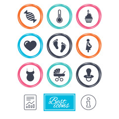 Pregnancy, maternity and baby care icons. Candy, baby carriage and pacifier signs. Footprint, cake and thermometer symbols. Report document, information icons. Vector