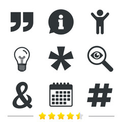Obraz premium Quote, asterisk footnote icons. Hashtag social media and ampersand symbols. Programming logical operator AND sign. Information, light bulb and calendar icons. Investigate magnifier. Vector