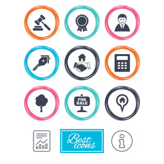 Real estate, auction icons. Handshake, for sale and calculator signs. Key, tree and award medal symbols. Report document, information icons. Vector