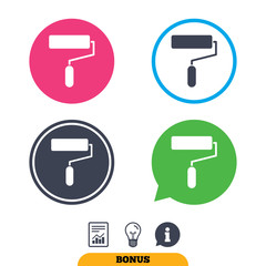 Paint roller sign icon. Painting tool symbol. Report document, information sign and light bulb icons. Vector