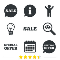 Sale icons. Special offer speech bubbles symbols. Shopping signs. Information, light bulb and calendar icons. Investigate magnifier. Vector