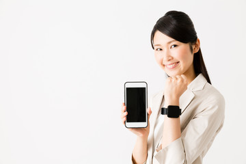 Fototapeta premium portrait of asian businesswoman using smart watch isolated on white background