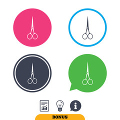 Scissors hairdresser closed icon. Tailor symbol. Report document, information sign and light bulb icons. Vector