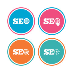 SEO icons. Search Engine Optimization symbols. World globe and mouse or hand cursor pointer signs. Colored circle buttons. Vector