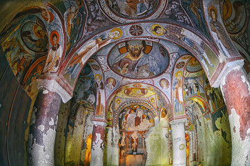 Cappadocia ,Turkey - October 17 ,2016 : Wall of frescoes in the Apple Church ( Elmali Kilise),...