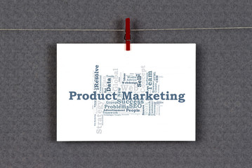 Product Marketing word cloud on a business card pinned up on a board