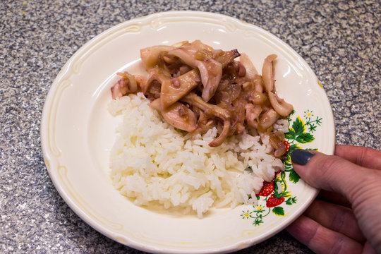 Fried calamari and rice on the plate