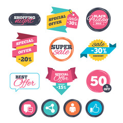 Obraz premium Sale stickers, online shopping. Social media icons. Chat speech bubble and Share link symbols. Like thumb up finger sign. Human person profile. Website badges. Black friday. Vector
