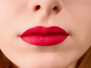 Obraz premium Realistic woman lips with dark red lipstick