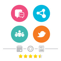 Social media icons. Chat speech bubble and Bird chick symbols. Human group sign. Calendar, cogwheel and report linear icons. Star vote ranking. Vector