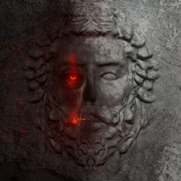Dark horror 3d artwork sculpture of a greek man bas-relief face in marble texture with flowing fire eye.