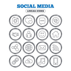 Social media icons. Speech bubble, lovers relationships and human person. Rss, share and mail envelope. Musical note, smartphone and smile. Circle flat buttons with linear icons. Vector