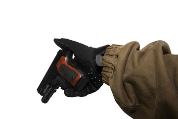 Isolated first person view soldier hand in black battle gloves & tactical jacket holding a reloaded...