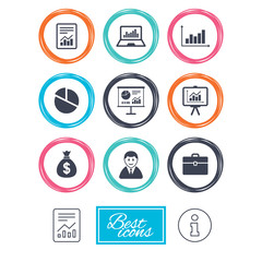 Statistics, accounting icons. Charts, presentation and pie chart signs. Analysis, report and business case symbols. Report document, information icons. Vector