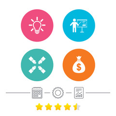 Presentation billboard icon. Dollar cash money and lamp idea signs. Man standing with pointer. Teamwork symbol. Calendar, cogwheel and report linear icons. Star vote ranking. Vector
