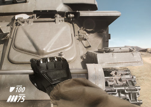 First Person View Soldier Hand In Black Battle Gloves & Tactical Jacket Climbing On Desert Armored Tank With Health & Armor Indicator.