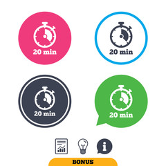 Timer sign icon. 20 minutes stopwatch symbol. Report document, information sign and light bulb icons. Vector