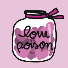 Pink hearts in love poison jar cartoon illustration