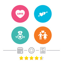 Valentine day love icons. I love you ring symbol. Couple lovers sign. Calendar, cogwheel and report linear icons. Star vote ranking. Vector