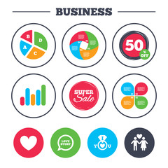 Business pie chart. Growth graph. Valentine day love icons. I love you ring symbol. Couple lovers sign. Love story speech bubble. Super sale and discount buttons. Vector