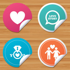 Round stickers or website banners. Valentine day love icons. I love you ring symbol. Couple lovers sign. Love story speech bubble. Circle badges with bended corner. Vector