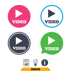 Play video sign icon. Player navigation symbol. Report document, information sign and light bulb icons. Vector