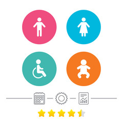WC toilet icons. Human male or female signs. Baby infant or toddler. Disabled handicapped invalid symbol. Calendar, cogwheel and report linear icons. Star vote ranking. Vector