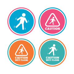 Caution wet floor icons. Human falling triangle symbol. Slippery surface sign. Colored circle buttons. Vector