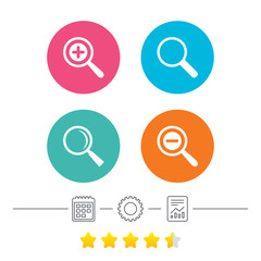 Magnifier glass icons. Plus and minus zoom tool symbols. Search information signs. Calendar, cogwheel and report linear icons. Star vote ranking. Vector
