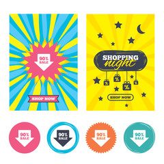 Sale banners, online shopping. 90% sale arrow tag sign icon. Discount symbol. Special offer label. Shopping night. Vector