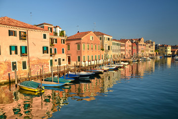 Fototapeta na wymiar Beautiful colorful houses and boats, Venice landmark, Scenery from famous canal, Italy, Europe