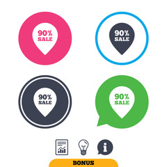 90% sale pointer tag sign icon. Discount symbol. Special offer label. Report document, information sign and light bulb icons. Vector